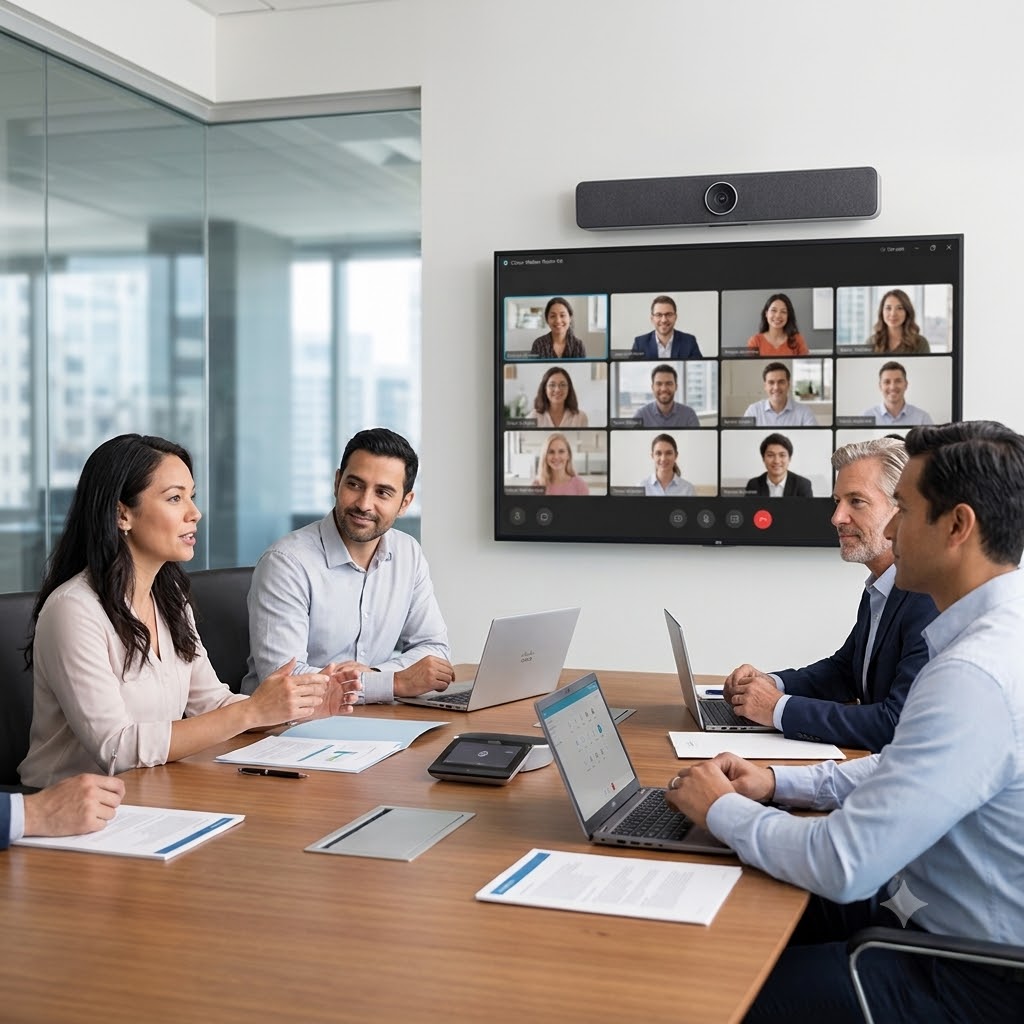 Team using Cisco Room Kit in meeting