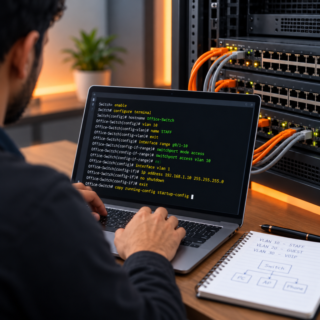 Network engineer configuring Cisco switches using a laptop terminal in a server room